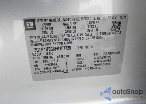 2015 GMC Sierra 1500 Sle from USA, damaged, VIN 3GTP1UEC8FG167720